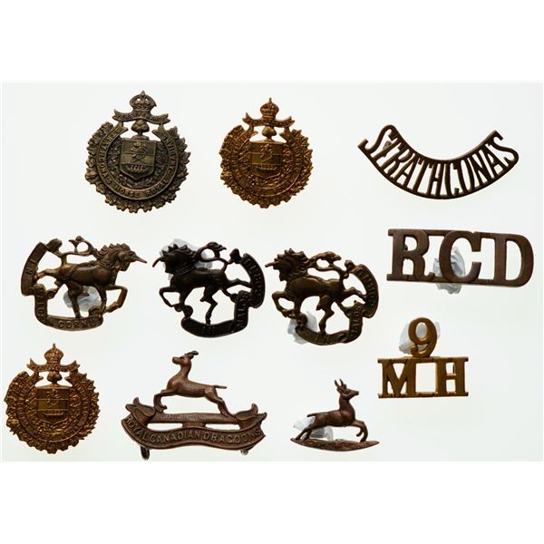 Militaria Insignia C.E.F. WW1; Lord Strathconas Horse Cap. Collar & Shoulder Badges.  Lot of 11 pcs.