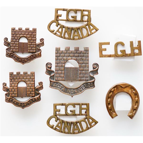 Militaria Insignia C.E.F. WW1; FGH Fort Garry Horse Cap. Collar and Shoulder Badges.  Lot of 7 pcs. 