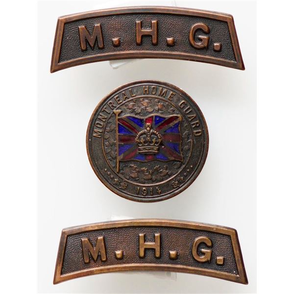 Militaria Insignia C.E.F. WW1; Montreal Home Guard Cap & Shoulder Badges.  Lot of 3 pcs. See Pic.