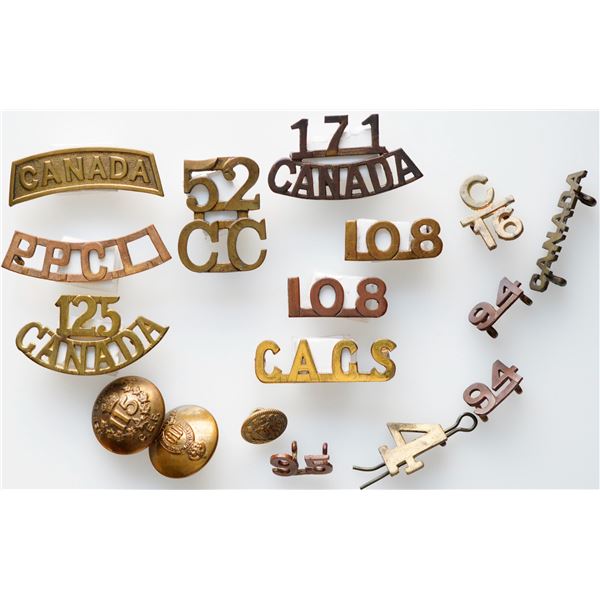 Militaria Insignia C.E.F. WW1;  Lot of 15+ different Shoulder Title Badges & Buttons.  See Pic.