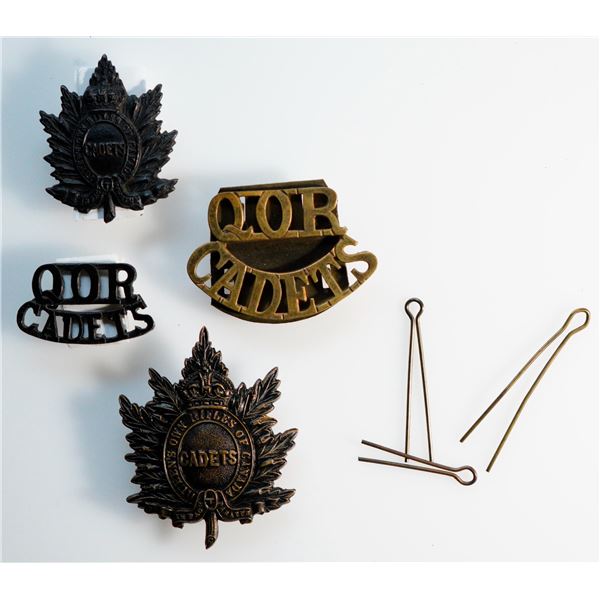 Militaria Insignia C.E.F. WW1; Queen's Own Rifles of Canada Cadets Cap & Title Badges.  Lot of 4 pcs