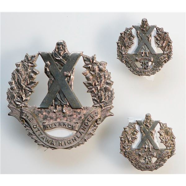 Militaria Insignia C.E.F. WW1; Ottawa Highlanders Cap & Collar Badges.  Lot of 3 pcs.