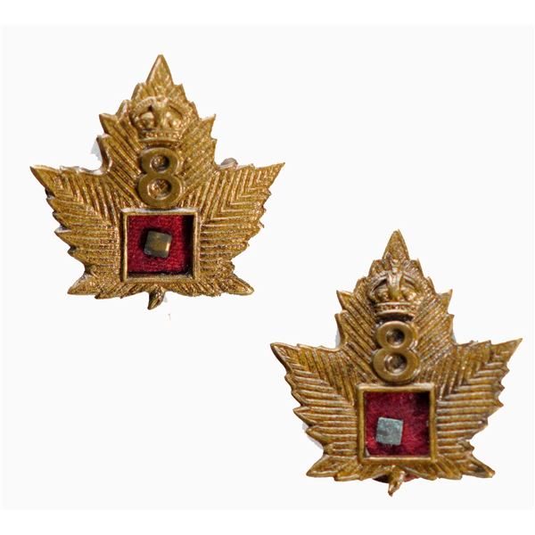 Militaria Insignia C.E.F. WW1;  8th Canadian Railway Troops Collar Badges.  Lot of 2 pcs.