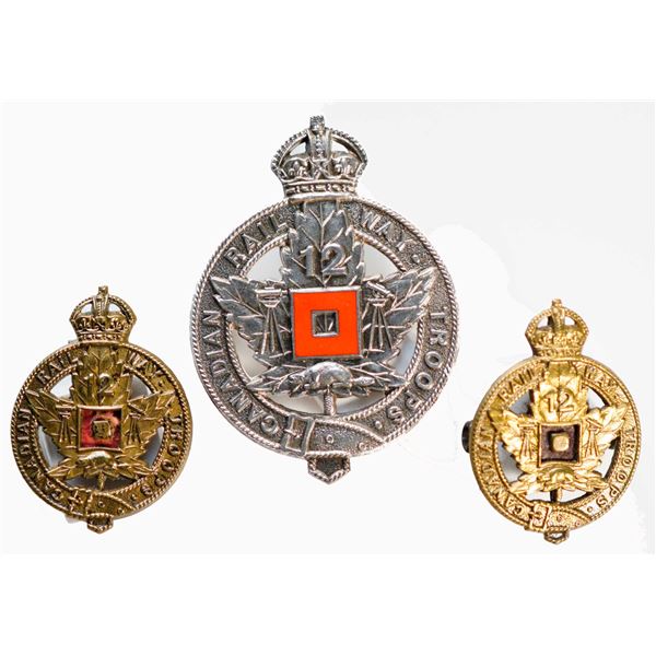 Militaria Insignia C.E.F. WW1;  12th Canadian Railway Troops Cap (JRG&S) Silver & Collar Badges.  Lo