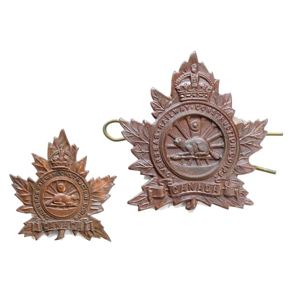 Militaria Insignia C.E.F. WW1;  No. 3 Railway Construction Unit Cap & Collar Badges.  Lot of 2 pcs.