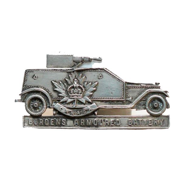 Militaria Insignia C.E.F. WW1;  Bordens Armoured Battery Officer's Collar Badge.  Sterling Silver w/
