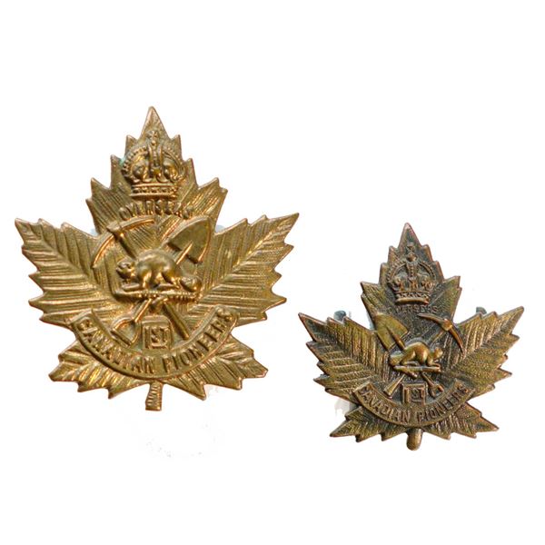 Militaria Insignia C.E.F. WW1; 1st Pioneers Hat (screw back) & Collar Badges.  Lot of 2 pcs.