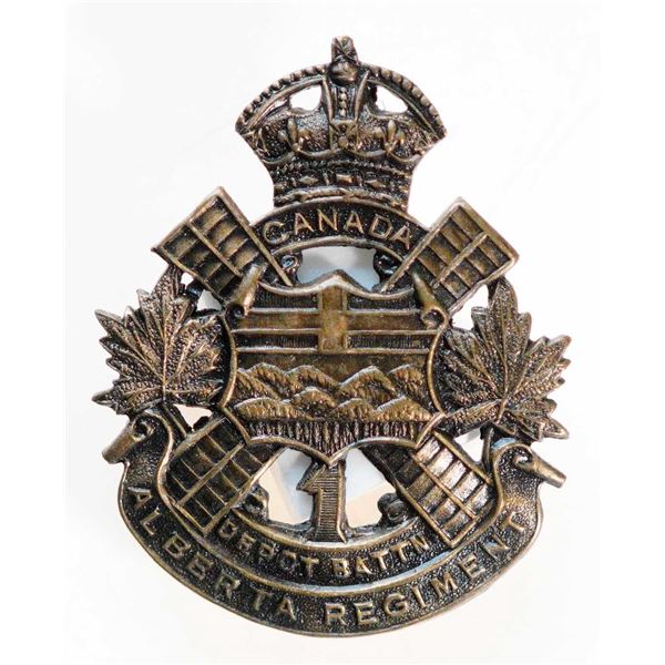 Militaria Insignia C.E.F. WW1;  1st Depot Battalion Alberta Regiment Cap Badge.