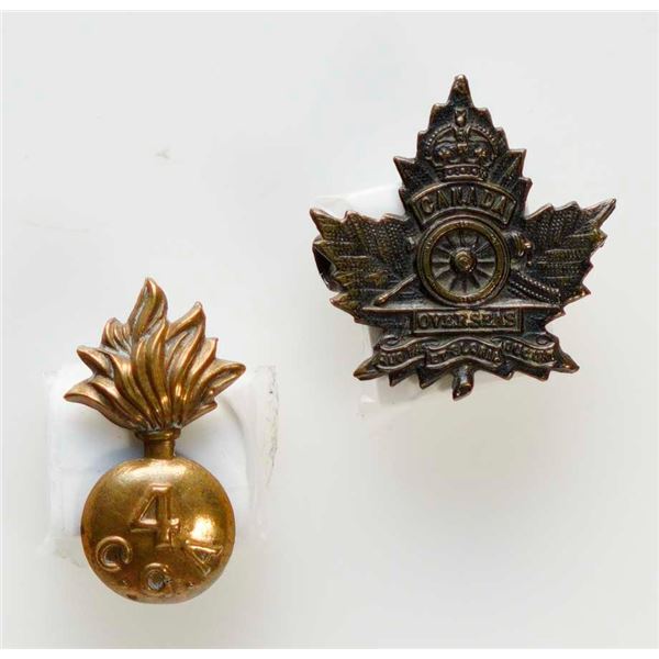 Militaria Insignia C.E.F. WW1;  Canadian Garrison Artillery Collar Badge & 3rd C.G.A. Grenade Collar