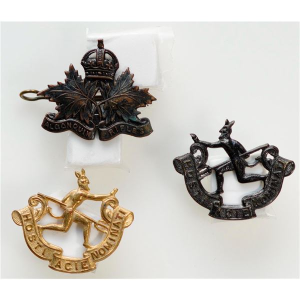 Militaria Insignia C.E.F. WW1;  Algonquin Rifles Collar Badge & Infantry Battalion pair of collar ba