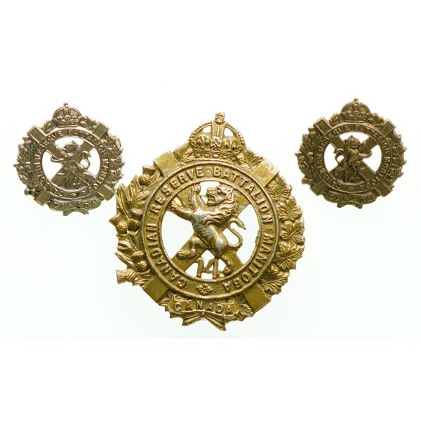 Militaria Insignia 1920-50;  14th Canadian Reserve Battalion Manitoba Cap & Collar Badges.  Lot of 3