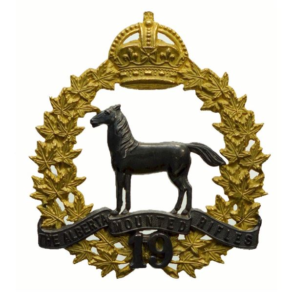 Militaria Insignia 1920-50;  19th Alberta Mounted Rifles Officer's Silver & Gilt Cap Badge.  See Pic