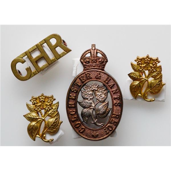 Militaria Insignia 1920-50;  Colchester & Hants Regiment Officer's Cap. Collar and Shoulder Badges. 