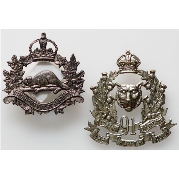 Militaria Insignia 1920-50;  Winnipeg Light Infantry & 91st Highlanders 173rd Battery badges.  Lot o
