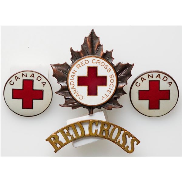 Militaria Insignia 1920-50;  Canadian Red Cross Society Cap. Collar & Shoulder Badge.  Lot of 4 pcs.