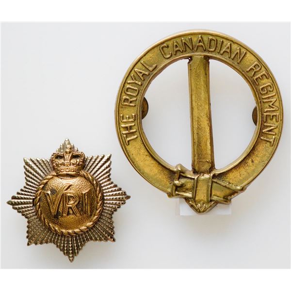 Militaria Insignia 1920-50;  Royal Canadian Regiment (RCR) Cap Badge and Horse Buckle.  Lot of 2 pcs