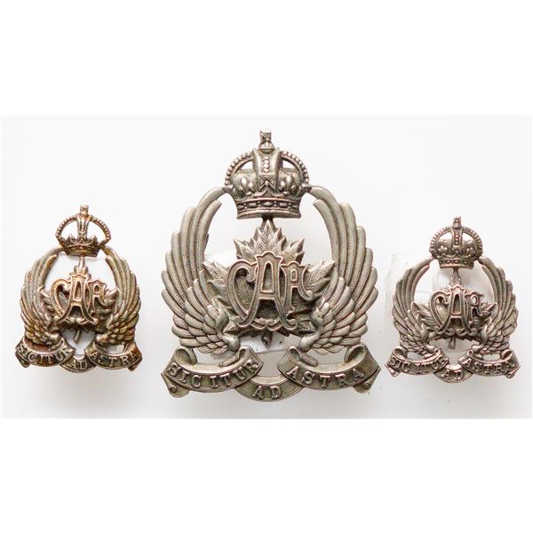 Militaria Insignia 1920-50;  Canadian Air Force Cap Badge (45mm x 55mm) & Collar Badges.   Lot of 3 