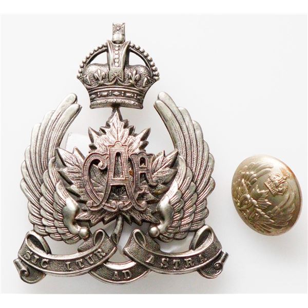 Militaria Insignia 1920-50;  Canadian Air Force Cap Badge (55mm x 70mm) & Buttons.   Lot of 2 pcs.  