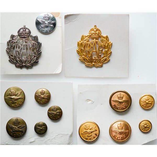 Militaria Insignia 1920-50;  Royal Canadian Air Force (RCAF) Cap Badges & Button.  Lot of 13 pcs.  S