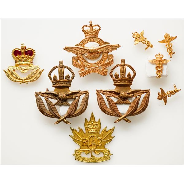 Militaria Insignia 1920-50;  British/Canadian  RAF. RFC & RCAF Cap & Collar Badges.  Lot of 9 pcs so
