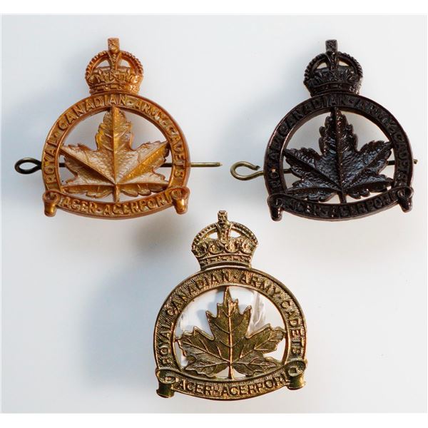 Militaria Insignia 1920-50;  Royal Canadian Army Cadets Plastic & Brass badges.  Lot of 3 pcs.  See 