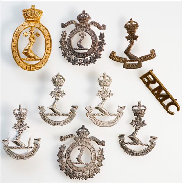 Militaria Insignia 1920-50;  Royal Military College Cap. Collar and Title badges.  Lot of 9 pcs.  Se
