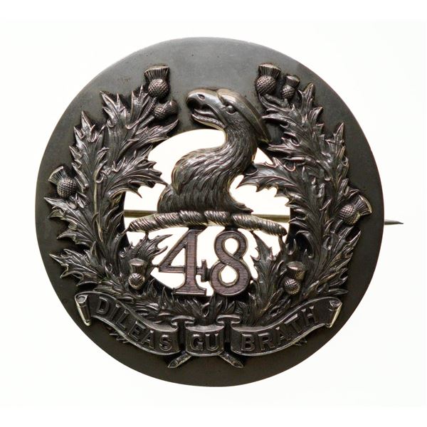 Militaria Insignia;  Cast Brooch - 48th Highlanders Pipers Pin back brooch on circular backing.  Lar