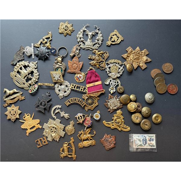 Militaria Insignia;  Lot of 40+ various Buttons. Cap. Collar. Shoulder Badges and more.  Most if not