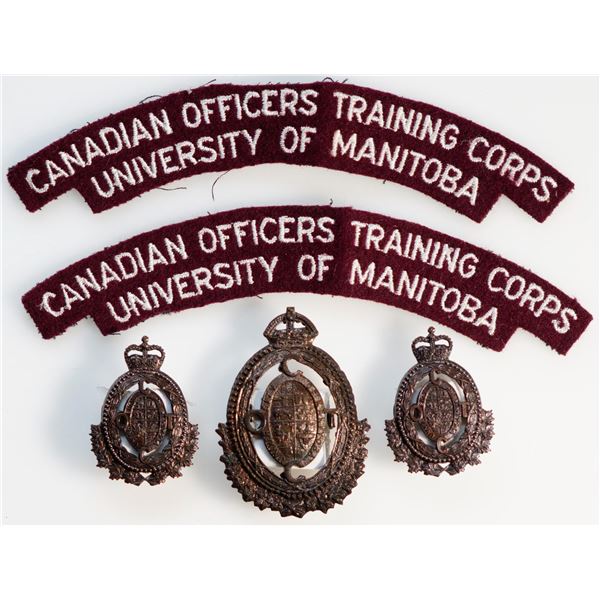 Militaria Insignia 1920-50;  COTC University of Manitoba Cap. Collar & cloth badges.   Lot of 5 pcs.