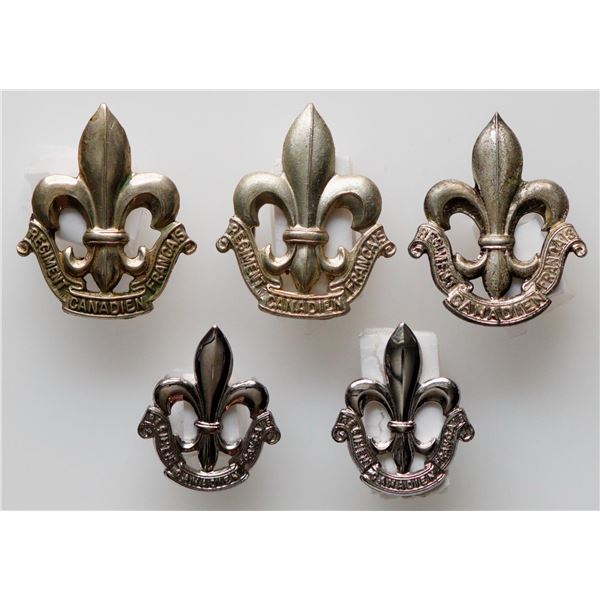 Militaria Insignia 1920-50;  Regiment Canadien Français Collar Badges.  Lot of 5 pcs.