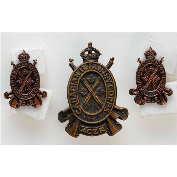 Militaria Insignia 1920-50;  Canadian Forces Infantry Corps Cap & Collar Badge.  Lot of 3 pcs.