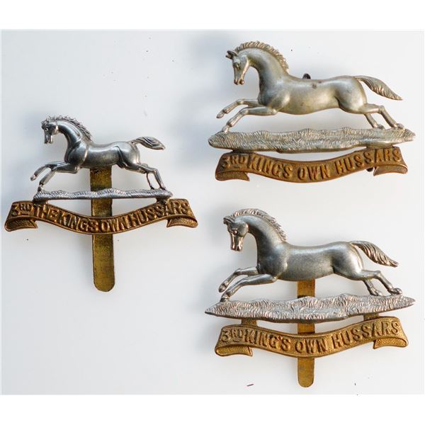 Militaria Insignia 1920-50;  British Army 3rd King's Own Hussars Cap Badge & Collar badges.  Lot of 