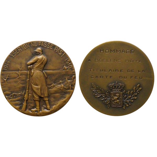 Militaria Medal;  Belgium 1914 YSER ON NE PASSE PAS! 1918 attributed to Pierre Boelens.  Comes with 