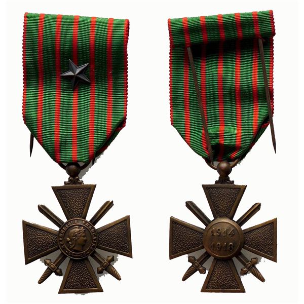 Militaria Medal;  France The War Cross 1914-1918 (or Croix de guerre 1914–1918) w/Star clas