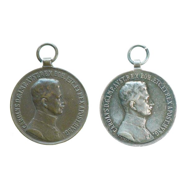 Militaria Medals; WW1 Austria Fortitude Medal Silver & Bronze w/o ribbons. Class 2.  Lot of 2 issues