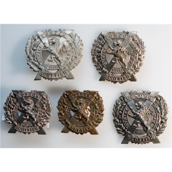 Militaria Insignia C.E.F. WW1;  British London Scottish - Strike Sure Cap Badge.  Lot of 5 issues so