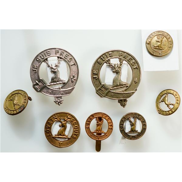 Militaria Insignia C.E.F. WW1;  British Lovat's Scouts. "Je Suis Prest" & Lovat Scouts badges.  Lot 