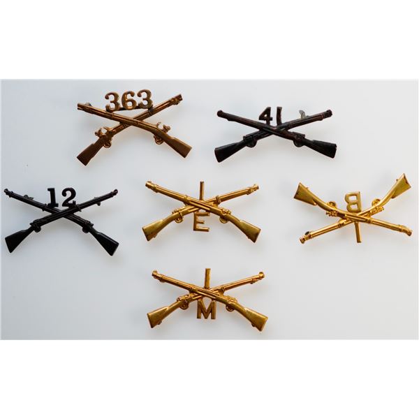 Militaria Insignia Post Indian War / Pre WWI; US Army Infantry Regiment Collar Badges.  Lot of 6 pcs