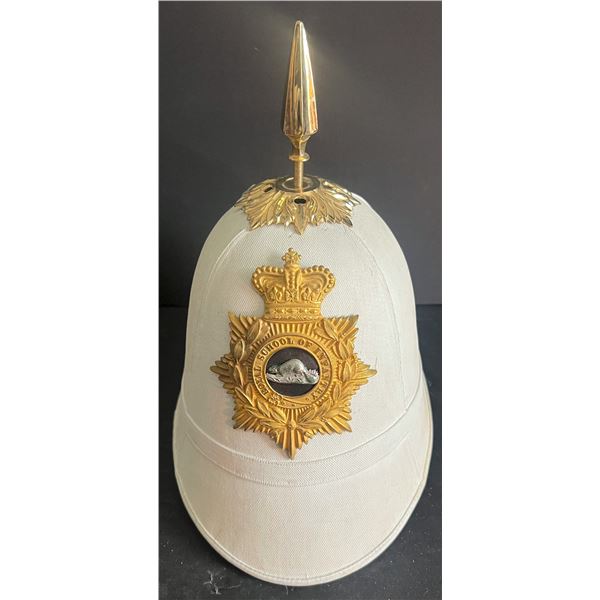 Militaria Head Dress;  Canadian Royal School of Infantry Spiked White Pith Helmet w/Helmet Plate.