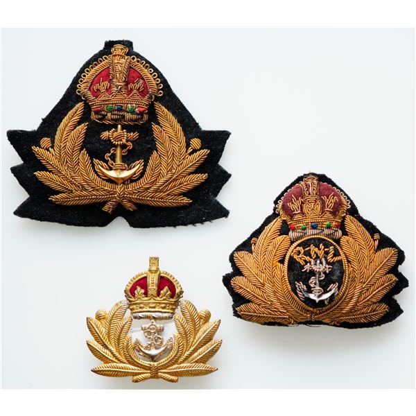 Militaria Insignia; Royal Navy Officer's Cap Badges(2) & Bi-Metal Cap Badge.  Lot of 3 different iss