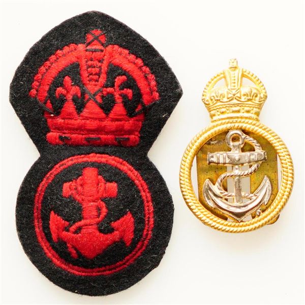 Militaria Insignia; Royal Navy WW2 Petty Officers Padded Cap Badge & Bi-metal Cap Badge.  Lot of 2 d
