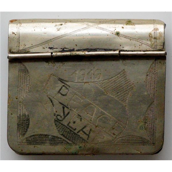 Militaria;  1919 End of WWII Trench Art - Metallic case possibly a cigarette holder??.  1919 Peace Y