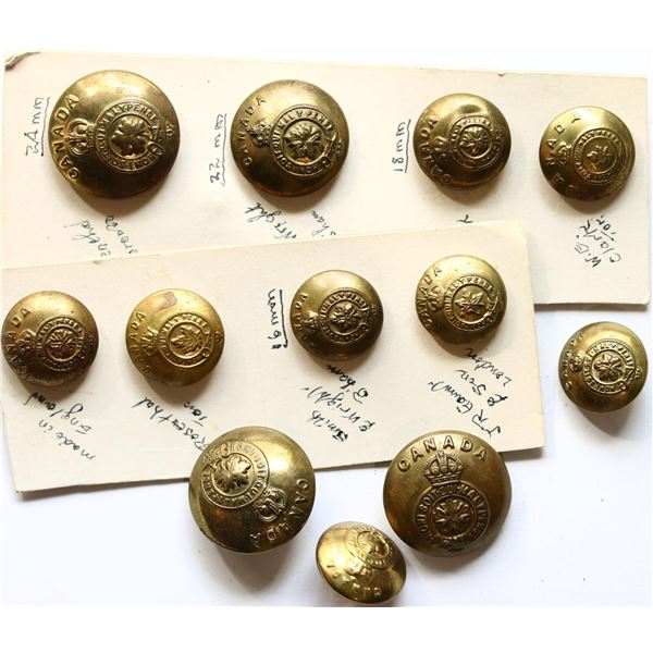 Militaria Dress Buttons;  Canadian Militia Grouping.  Lot of 12 buttons.