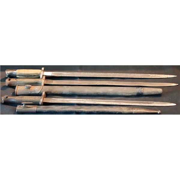 Militaria;   & Scabbard - Lot of 3 various WWI WWII issue bayonets with 15'' to 17'' blades.  2 with