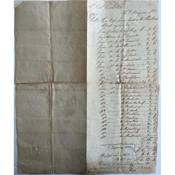 Vintage Document;  Original Manuscript/ Trip Log by Lt. Col. Carleton to J. Bezeau for a trip from q