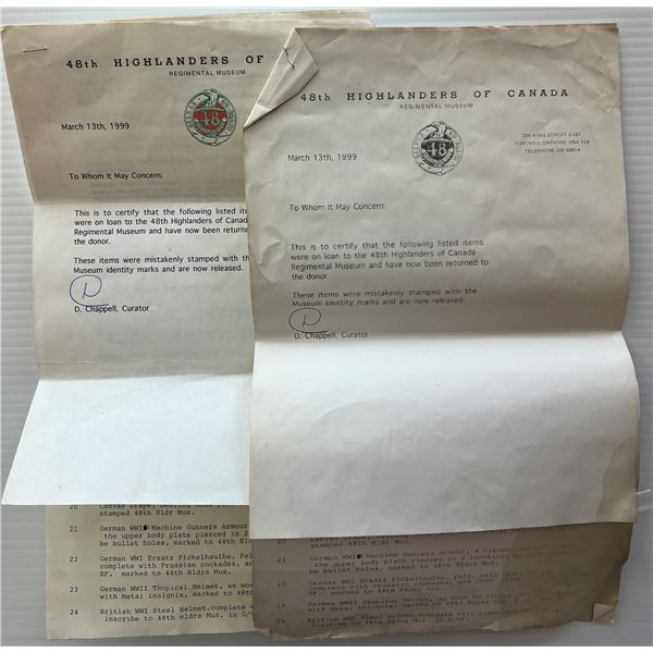 Militaria Ehpemera;  includes 48th Highlanders of Canada document signed by D. Chappell. Curator of 