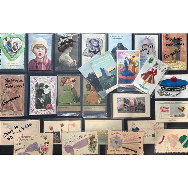 Vintage Postcards;  Lot 25+ various WW1 3-dimensional type Postcards. embroidered. Foldover cards. m