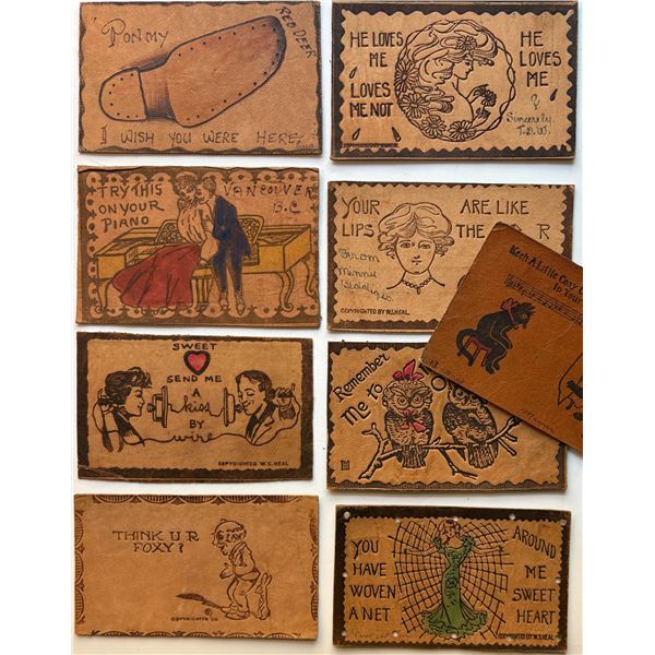 Vintage Postcards;  Lot 40+ various Heal Leather Postcards dating early 1900's.  Themes. Romance. Sa