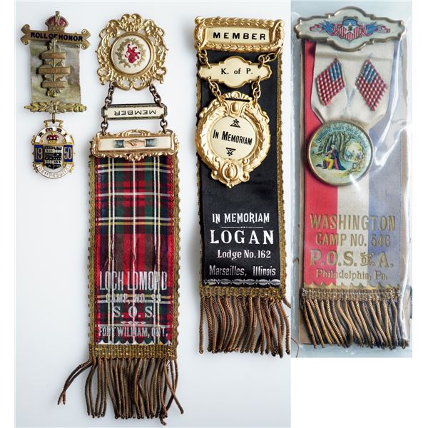Vintage Masonic/Odd Fellows Lodge Ribbons;  includes Logan Lodge No. 162. Loch Lomond Camp No. 99. M