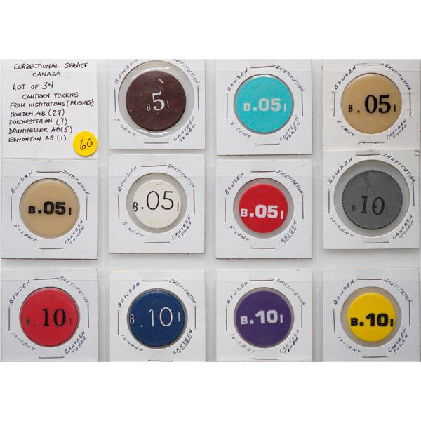 Correctional Service Canteen Tokens;  lot of 34 various issues from different institutions. Bowden. 